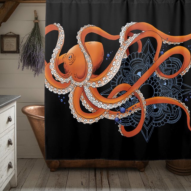 Octopus Orange Mandala Blue Shower Curtain (Creator Uploaded)