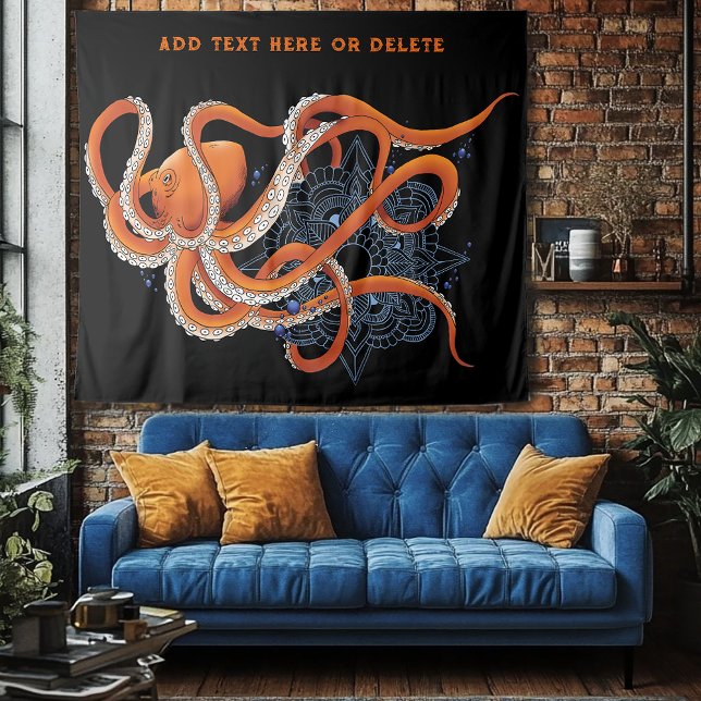 Octopus Orange Mandala Blue Tapestry (Creator Uploaded)