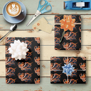 Octopus Orange Mandala Blue Wrapping Paper Sheet