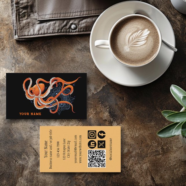 Octopus Orange Mandalla Blue Business Card (Creator Uploaded)
