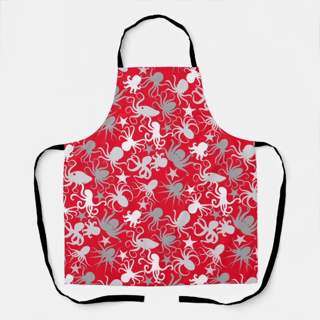 Octopus Pattern.b Red BG Apron (Front)