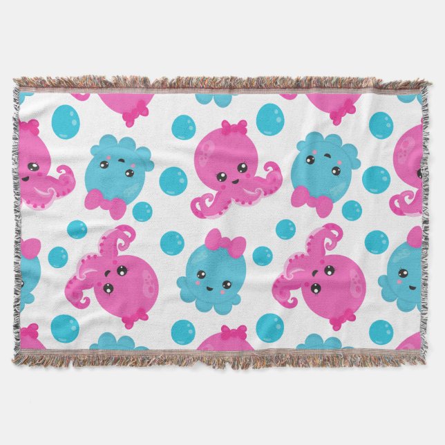 Octopus Pattern, Cute Octopus, Sea Animals Throw Blanket (Front)