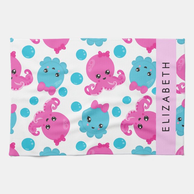 Octopus Pattern, Cute Octopus, Sea, Your Name Tea Towel (Horizontal)