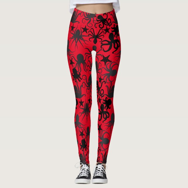 Octopus Pattern.w Red BG Leggings (Front)