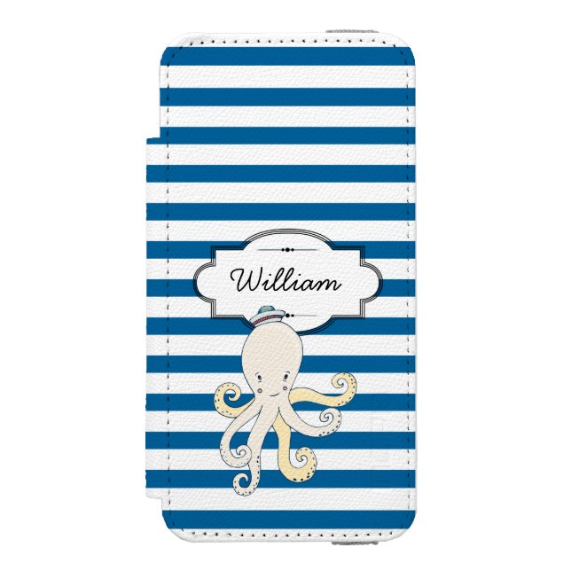 Octopus Personalised Blue and White Stripe Incipio iPhone Wallet Case (Folio Front)
