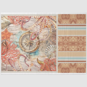 Octopus, pink coral shells compass decoupage paper