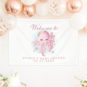 Octopus Pink Watercolor Girl Baby Shower Welcome Banner