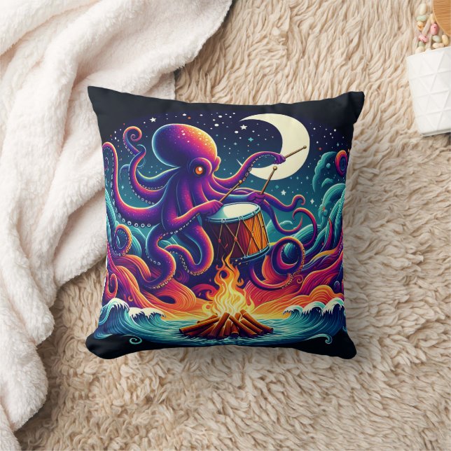 Octopus Playing Drum by Campfire Under Moonlight Cushion (Blanket)