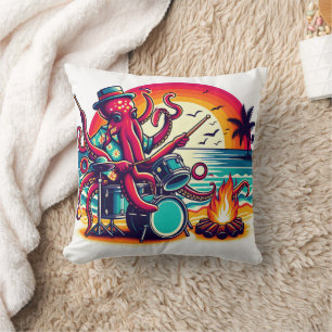 Octopus Playing Drums By The Beach At Sunset Cushion