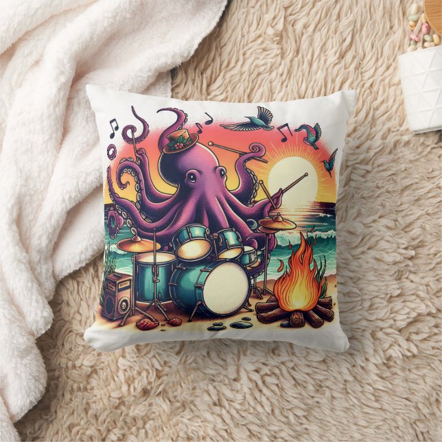 Octopus Playing Drums By The Beach At Sunset Cushion (Blanket)