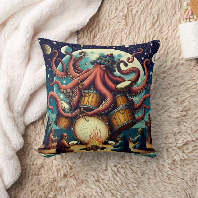 Octopus Playing Drums by the Moonlit Shore Cushion (Blanket)