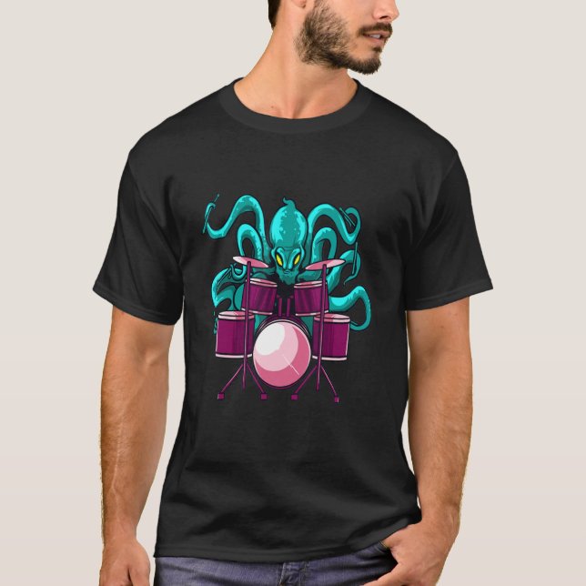 Octopus Playing Drums Drummer Kit For Drummers T-Shirt (Front)