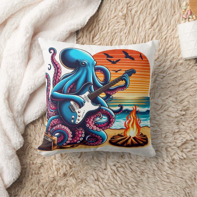 Octopus Playing Guitar by the Beach at Sunset Cushion (Blanket)