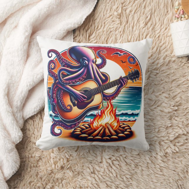 Octopus Playing Guitar by the Beach Campfire Cushion (Blanket)