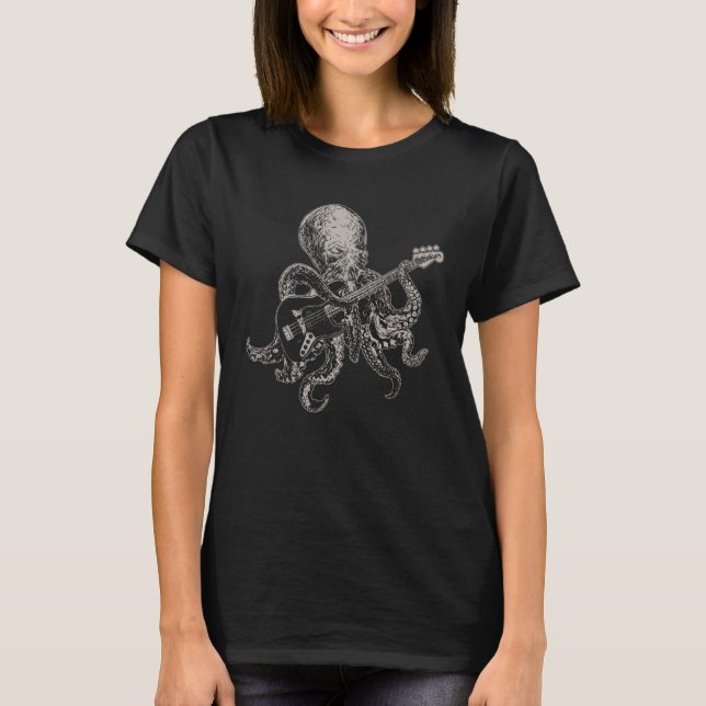 Octopus Playing Guitar Guitarist Musician Bassist T-Shirt (Front)