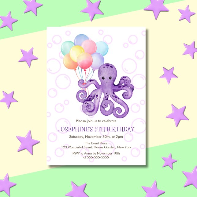 Octopus Purple Bubble Colourful Balloon Birthday Invitation (Creator Uploaded)