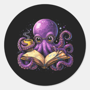 Octopus reading book coffee lover bookish caffeine classic round sticker