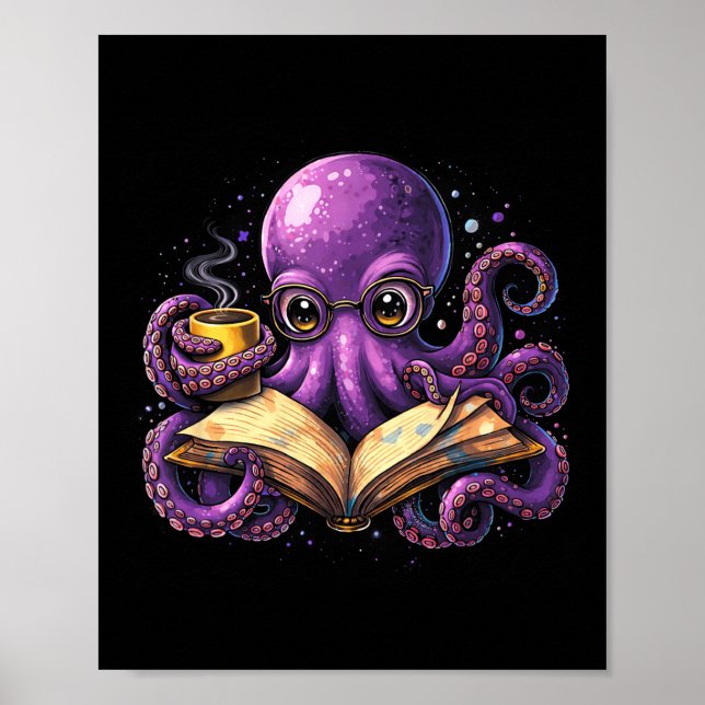 Octopus reading book coffee lover bookish caffeine poster (Front)