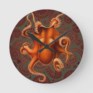 Octopus Red Cephalopod Vintage Kraken Round Clock
