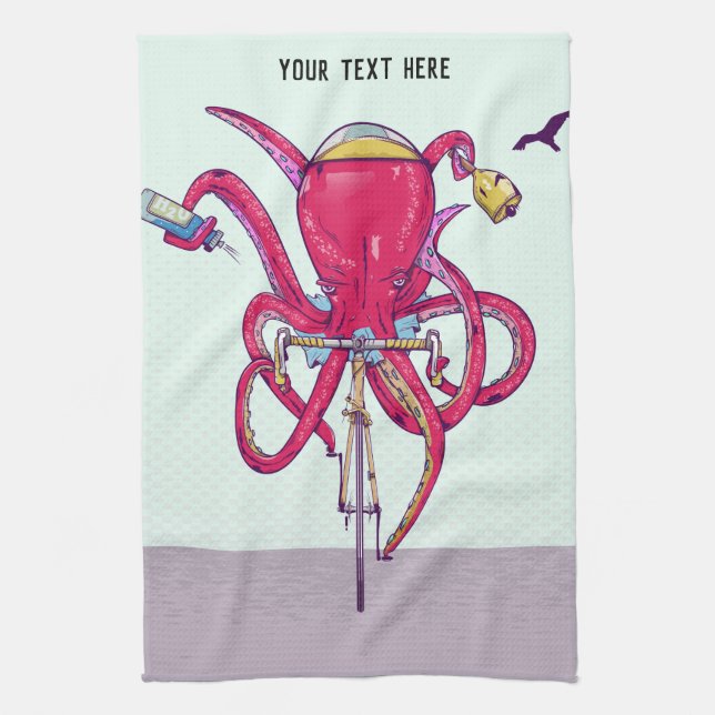 Octopus riding road bike tea towel (Vertical)