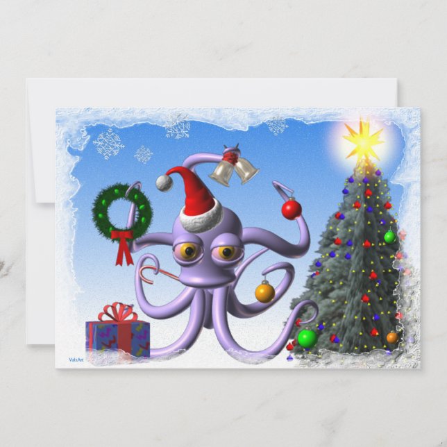 Octopus santa and tree with lights holiday card (Front)