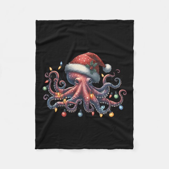 Octopus Santa Christmas Lights Ocean Octopus Anima Fleece Blanket (Front)