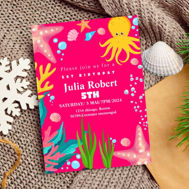 octopus Sea Animals watercolor birthday invitation (Creator Uploaded)