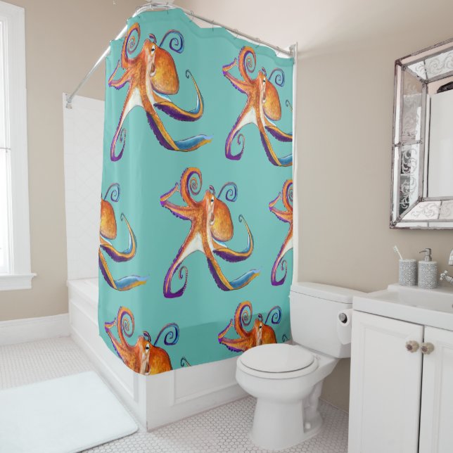 Octopus sealife watercolor art shower curtain (In Situ)