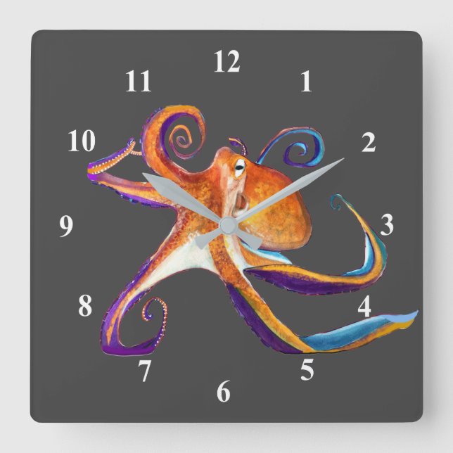 Octopus sealife watercolor art square wall clock (Front)