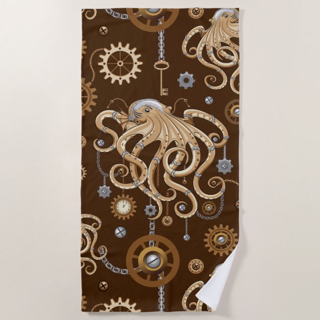 Octopus Steampunk Retro Mechanical Fantasy Beach Towel (Front)