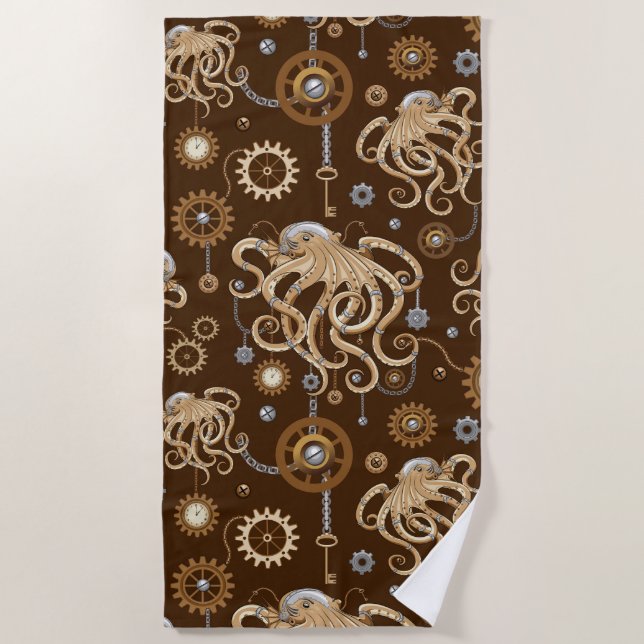 Octopus Steampunk Retro Mechanical Fantasy Beach Towel (Front)