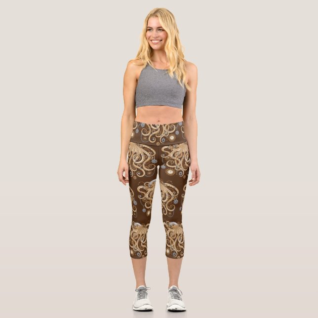 Octopus Steampunk Retro Mechanical Fantasy Capri Leggings (Front)