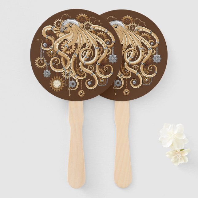 Octopus Steampunk Retro Mechanical Fantasy Hand Fan (Front and Back)