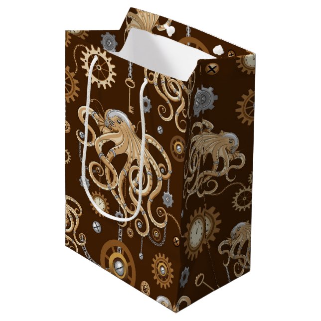 Octopus Steampunk Retro Mechanical Fantasy Medium Gift Bag (Front Angled)