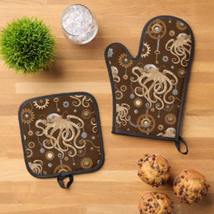 Octopus Steampunk Retro Mechanical Fantasy Oven Mitt & Pot Holder Set