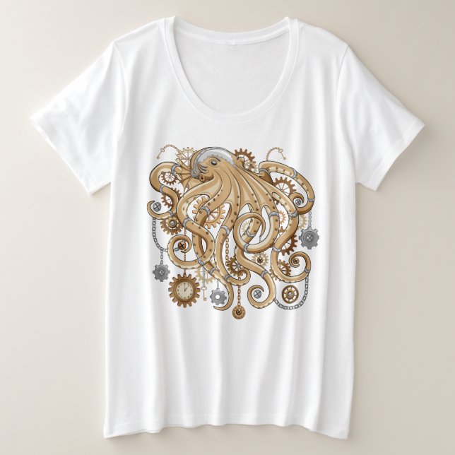 Octopus Steampunk Retro Mechanical Fantasy Plus Size T-Shirt (Design Front)