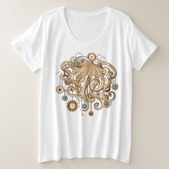 Octopus Steampunk Retro Mechanical Fantasy Plus Size T-Shirt (Design Front)