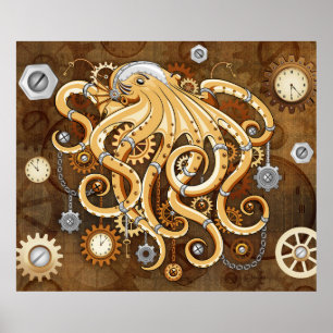 Octopus Steampunk Retro Mechanical Fantasy Poster