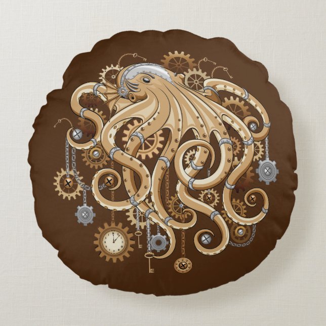 Octopus Steampunk Retro Mechanical Fantasy Round Cushion (Front)