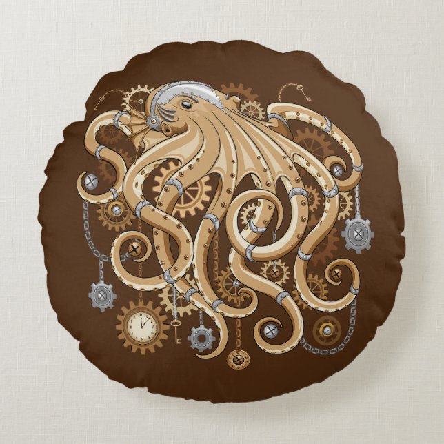 Octopus Steampunk Retro Mechanical Fantasy Round Cushion (Front)