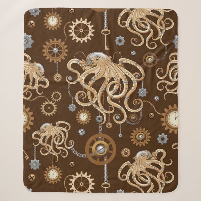 Octopus Steampunk Retro Mechanical Fantasy Sherpa Blanket (Front)