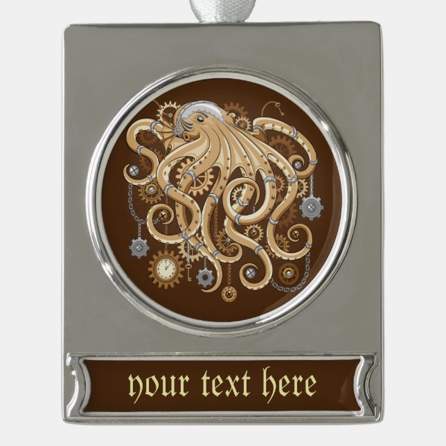 Octopus Steampunk Retro Mechanical Fantasy Silver Plated Banner Ornament (Front)