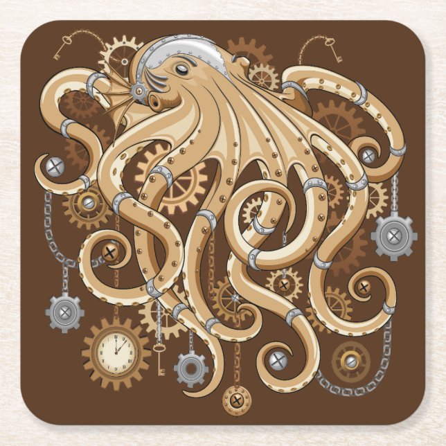 Octopus Steampunk Retro Mechanical Fantasy Square Paper Coaster (Front)