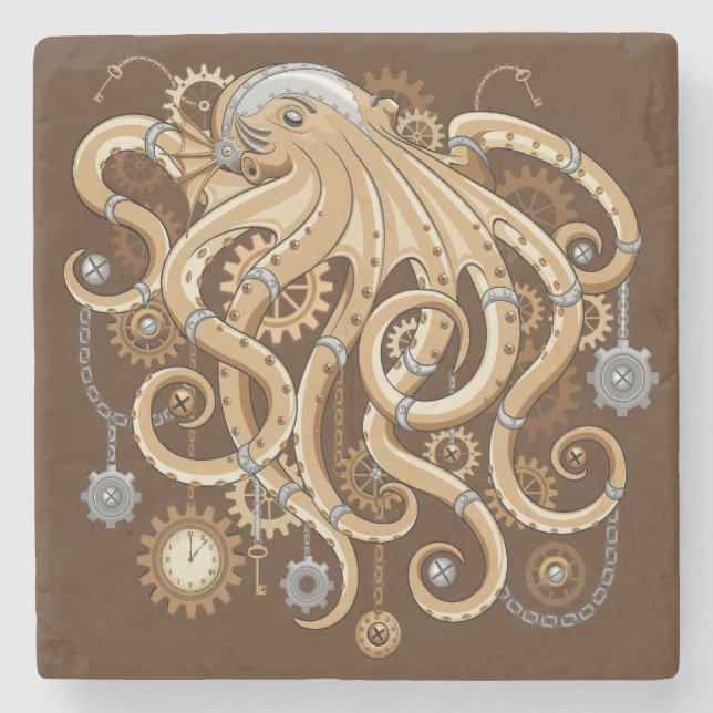 Octopus Steampunk Retro Mechanical Fantasy Stone Coaster (Front)