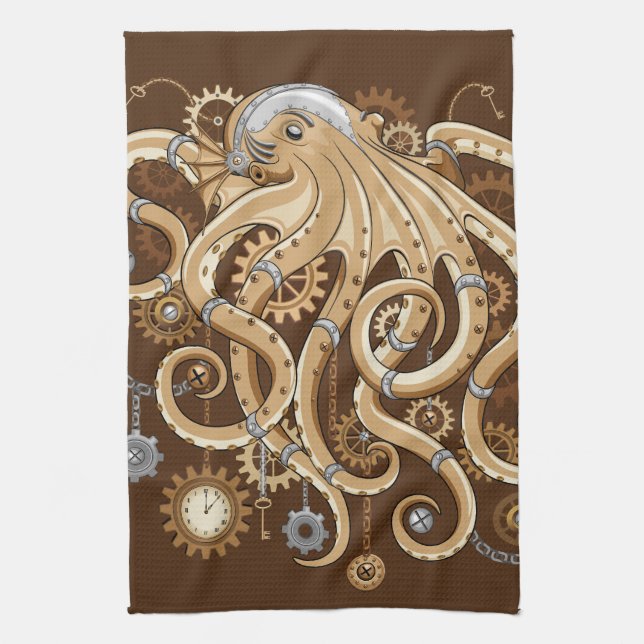 Octopus Steampunk Retro Mechanical Fantasy Tea Towel (Vertical)