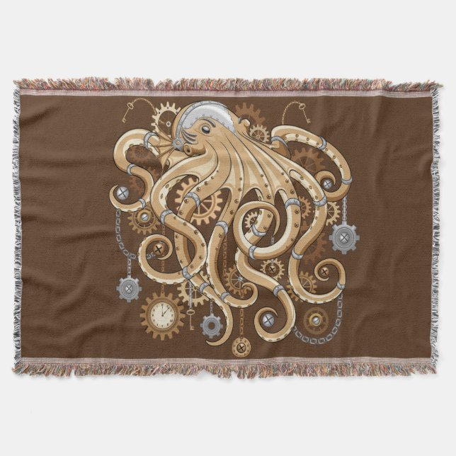 Octopus Steampunk Retro Mechanical Fantasy Throw Blanket (Front)