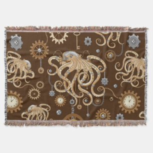 Octopus Steampunk Retro Mechanical Fantasy Throw Blanket