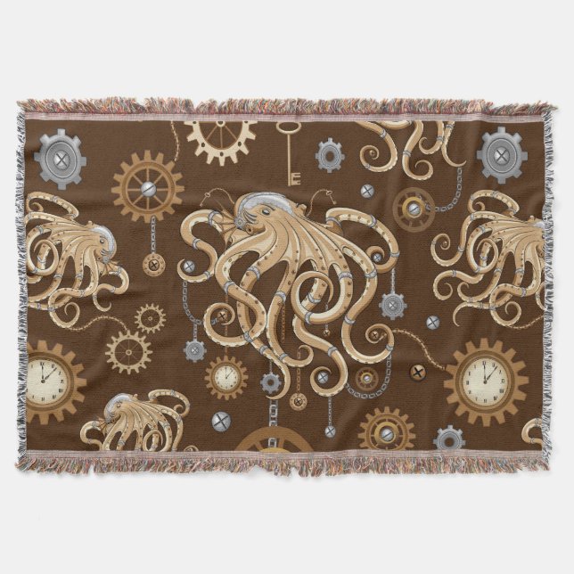 Octopus Steampunk Retro Mechanical Fantasy Throw Blanket (Front)