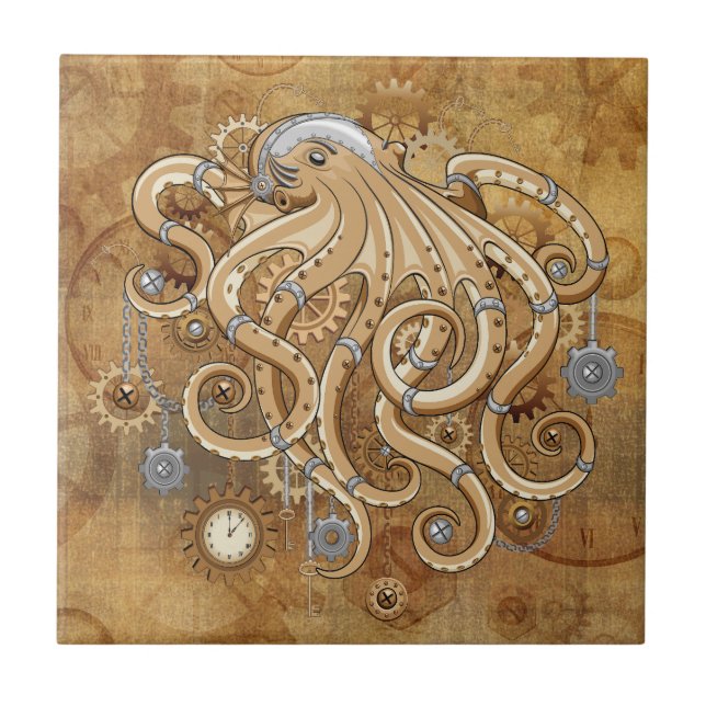 Octopus Steampunk Retro Mechanical Fantasy Tile (Front)
