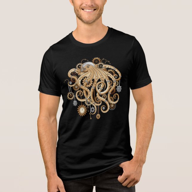 Octopus Steampunk Retro Mechanical Fantasy Tri-Blend Shirt (Front)